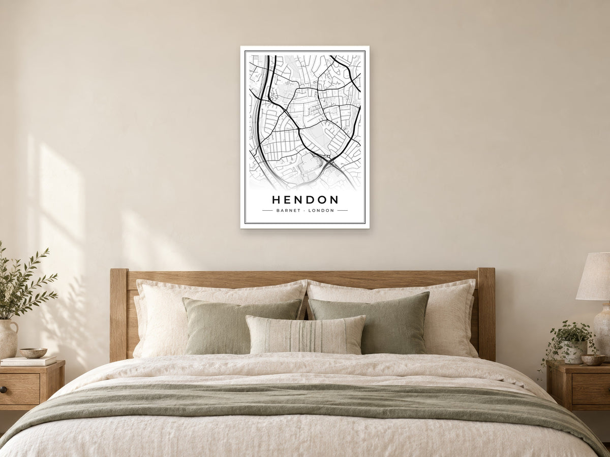 Hendon Street Map Poster at A1, as a poster, above a bed