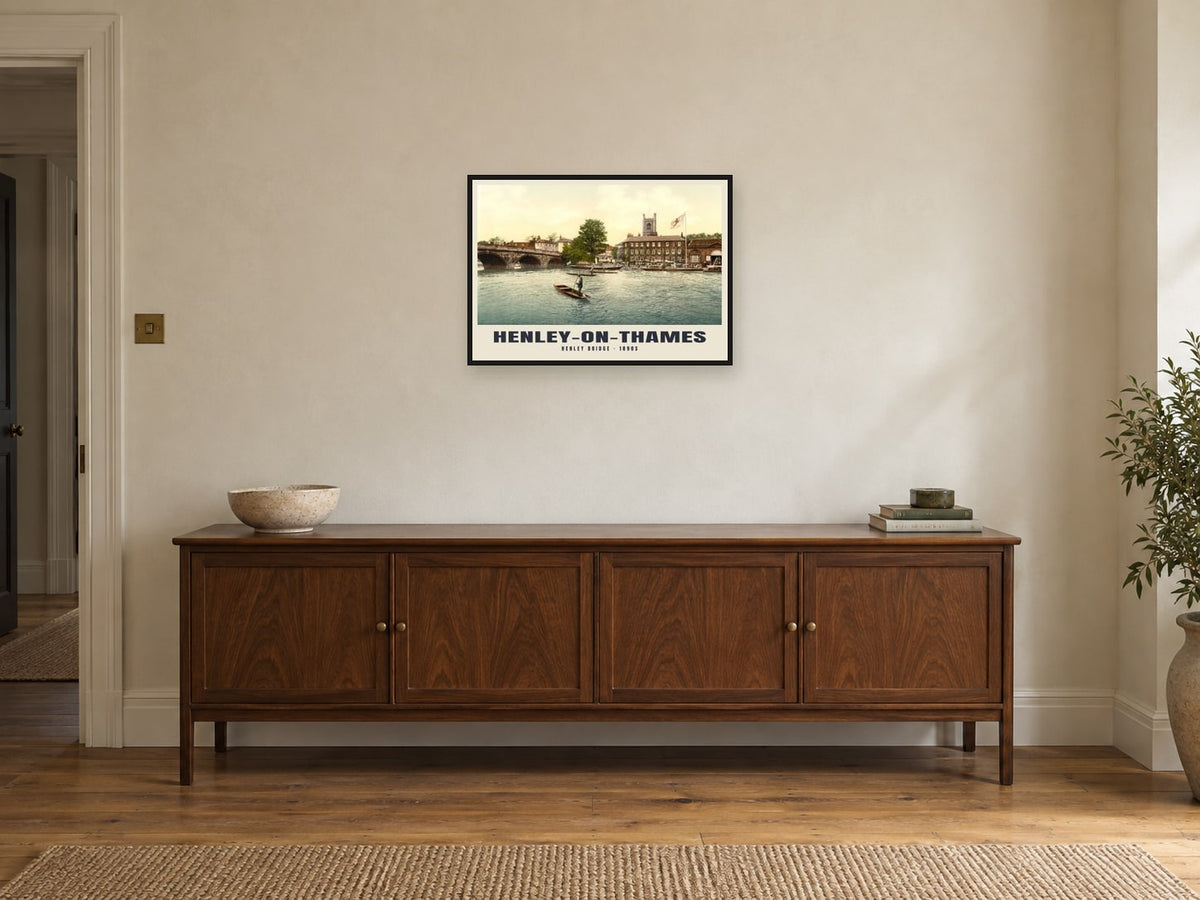 Henley Bridge, Henley-on-Thames, 1890s Heritage Print at A2, in a black frame, above a sideboard