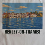 Close-up of the Henley-on-Thames drawing and lettering printed on natural cotton