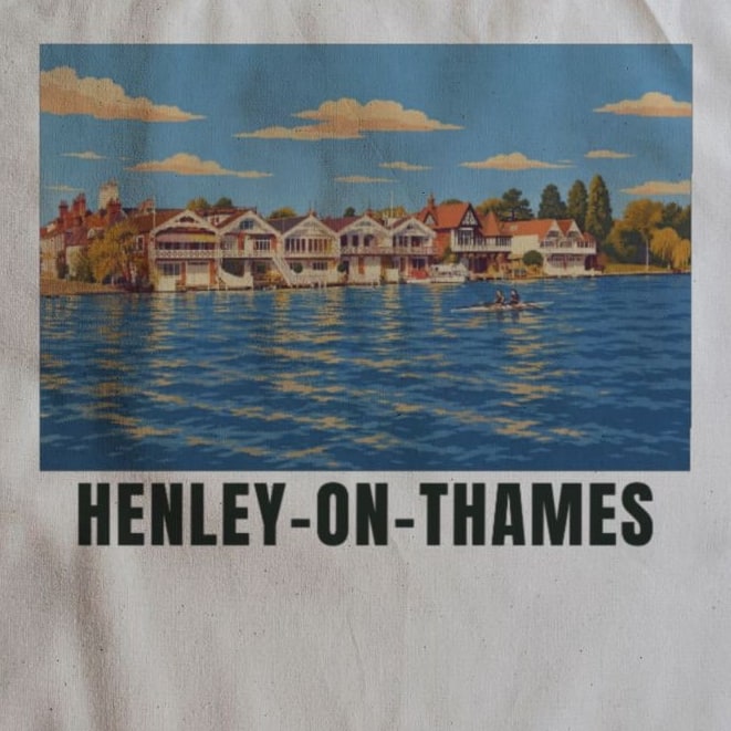 Close-up of the Henley-on-Thames drawing and lettering printed on natural cotton