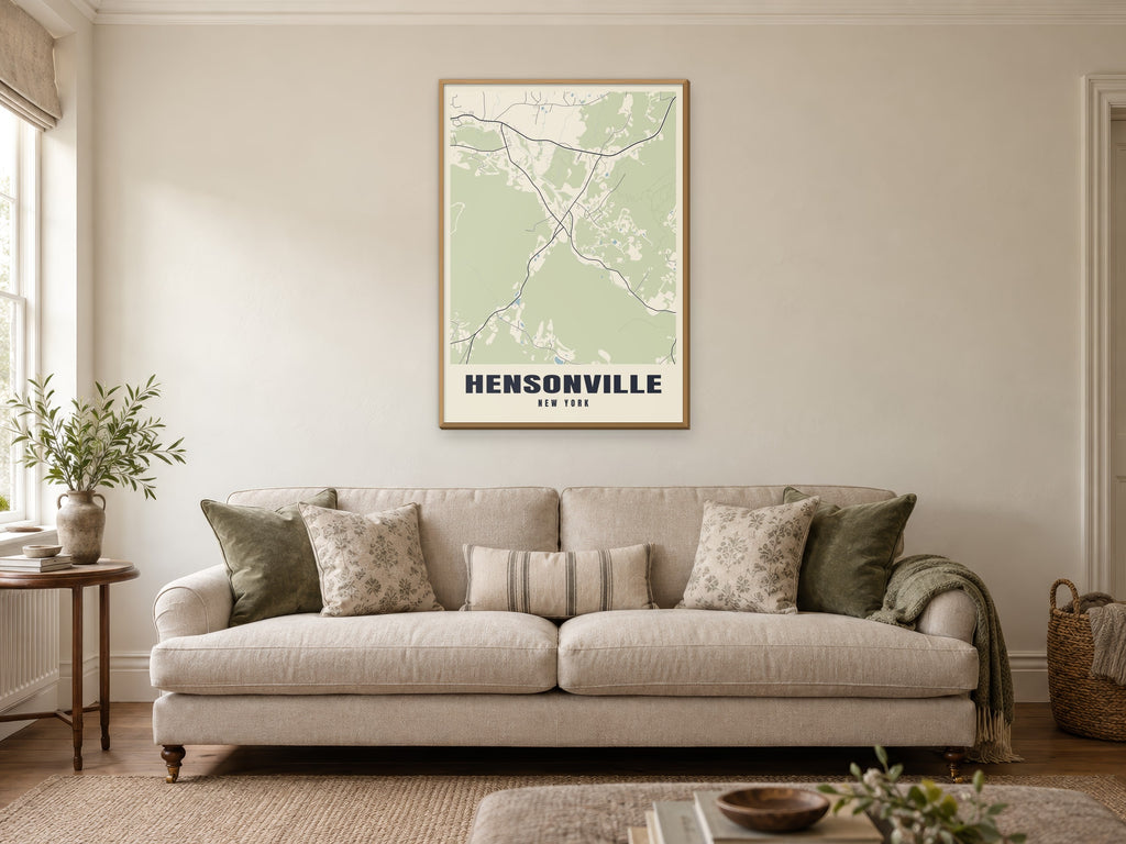Hensonville Street Map Poster at A1, in a natural wood frame, in a sitting room