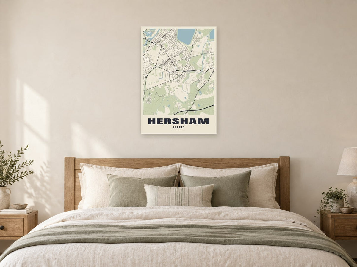 Hersham Street Map Poster at A1, as a poster, above a bed