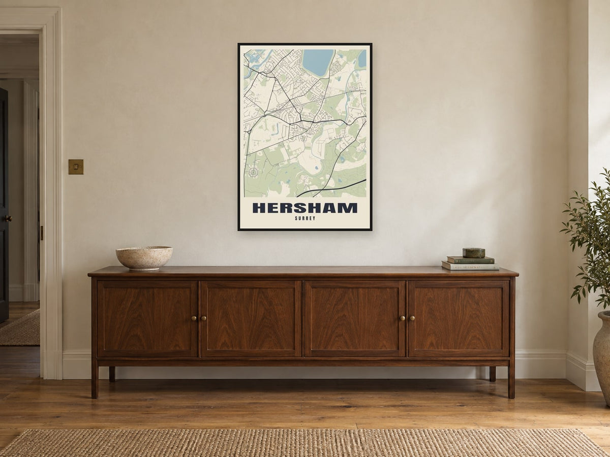 Hersham Street Map Poster at A1, in a black frame, above a sideboard