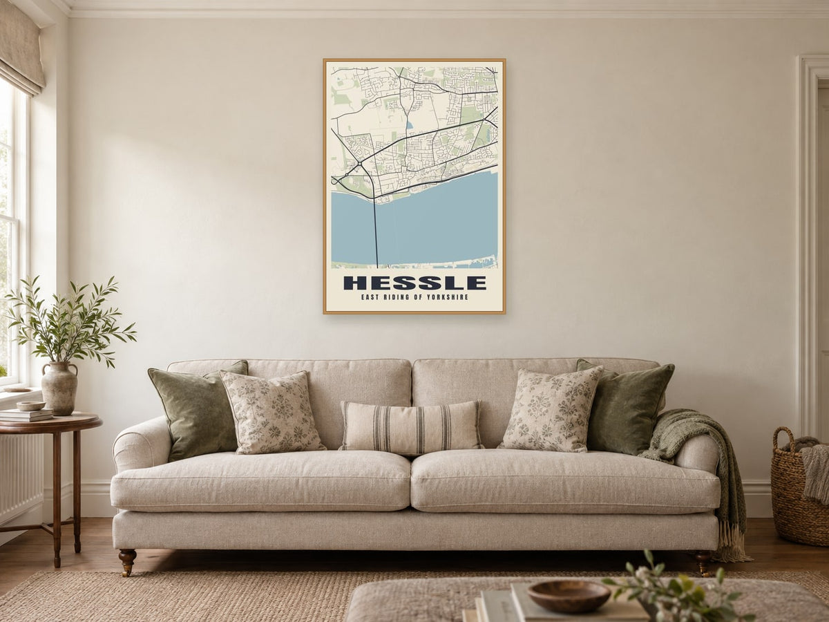 Hessle Street Map Poster at A1, in a natural wood frame, in a sitting room
