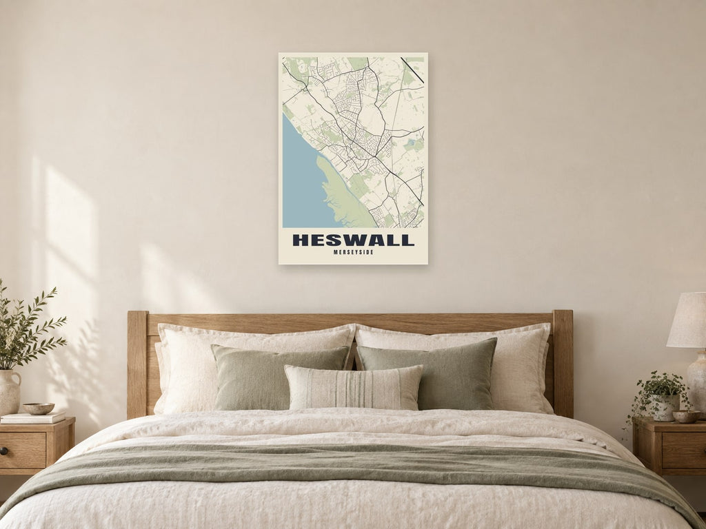 Heswall Street Map Poster at A1, as a poster, above a bed