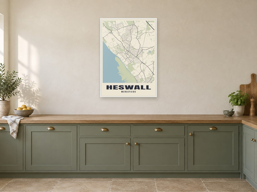 Heswall Street Map Poster at A1, in a white frame, in a kitchen