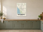 Heswall Street Map Poster at A1, in a white frame, in a kitchen