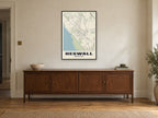 Heswall Street Map Poster at A1, in a black frame, above a sideboard