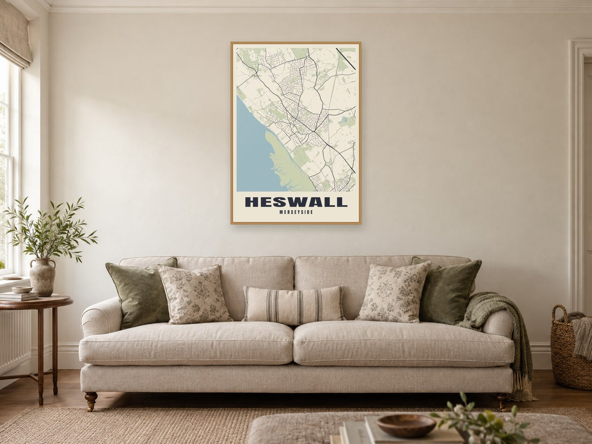 Heswall Street Map Poster at A1, in a natural wood frame, in a sitting room