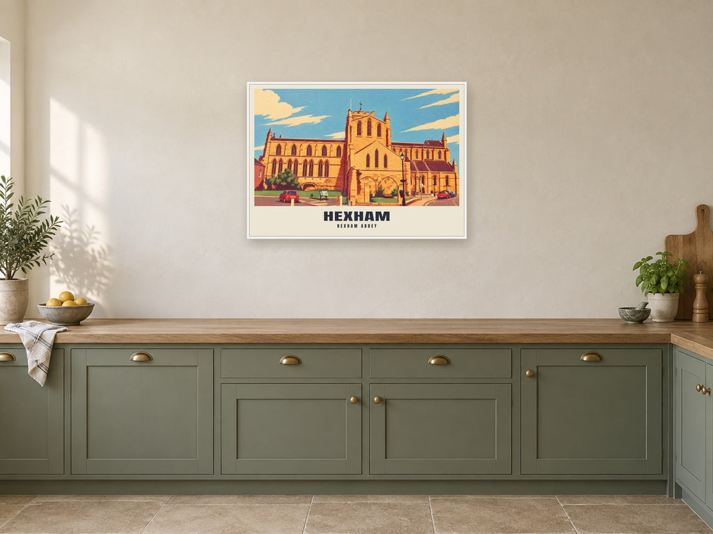 Hexham Abbey Poster at A1, in a white frame, in a kitchen