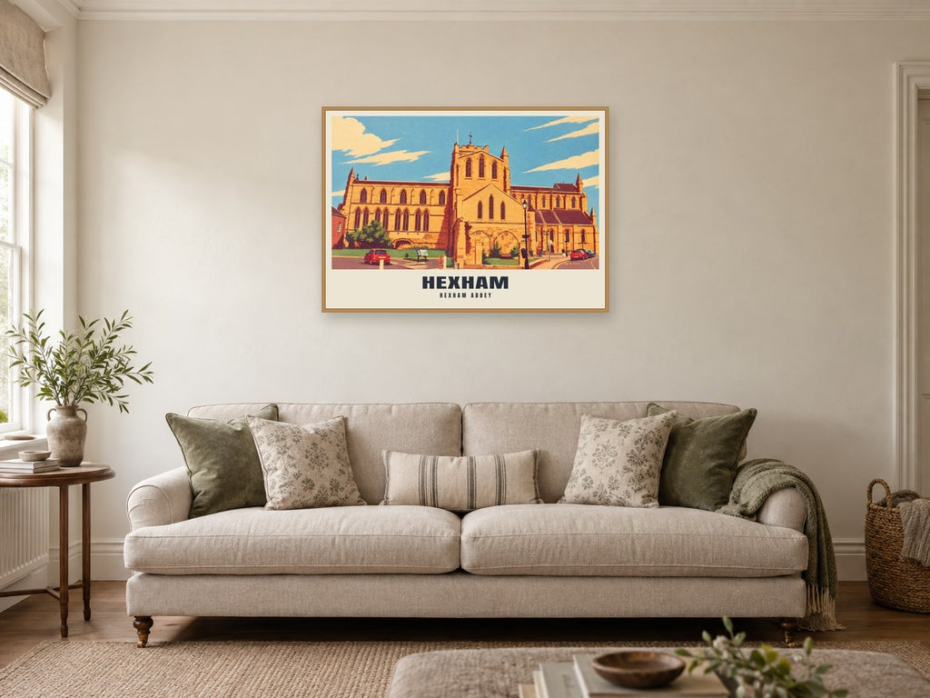 Hexham Abbey Poster at A1, in a natural wood frame, in a sitting room