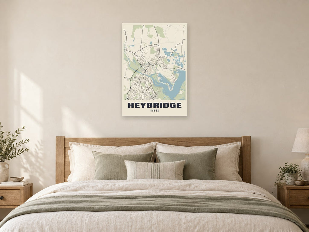 Heybridge Street Map Poster at A1, as a poster, above a bed
