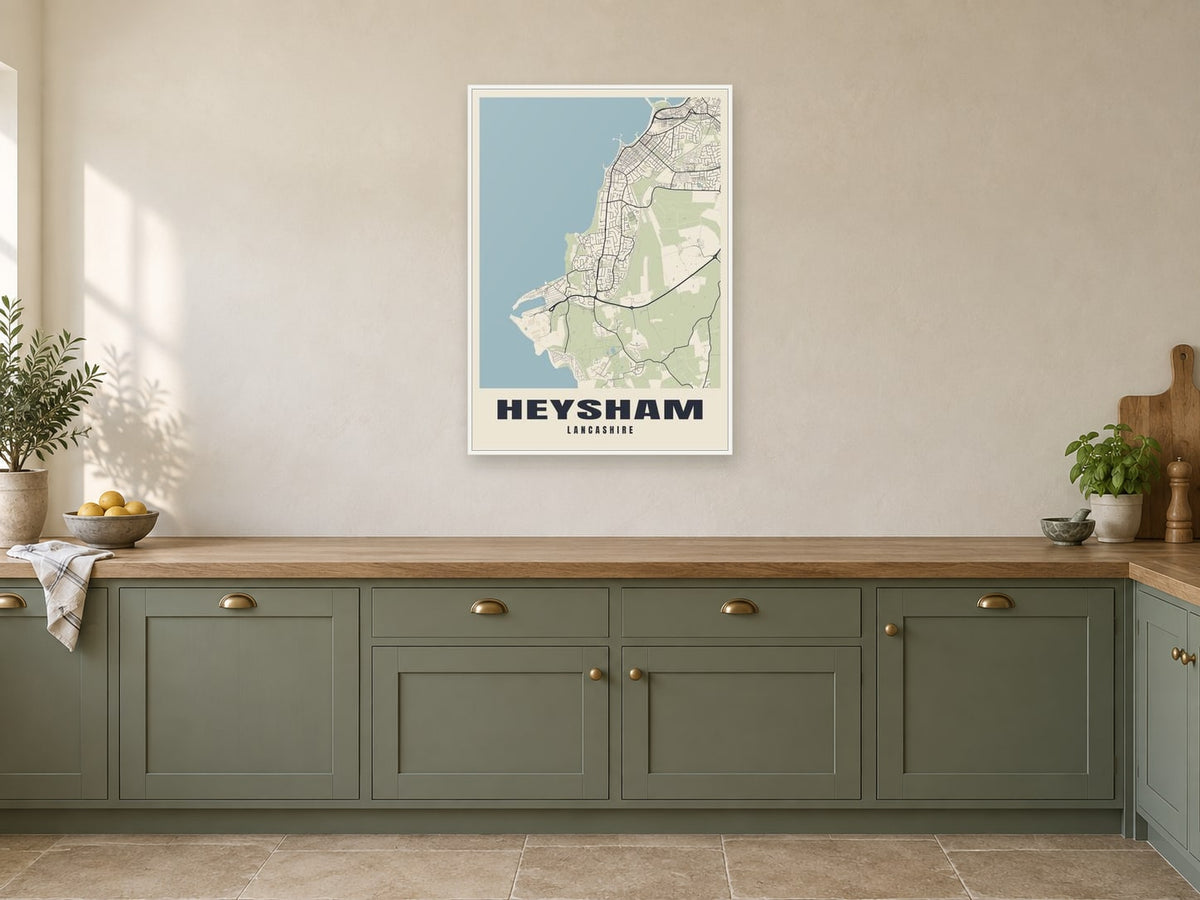 Heysham Street Map Poster at A1, in a white frame, in a kitchen