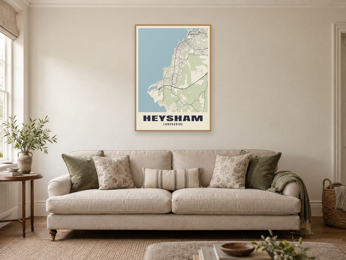 Heysham Street Map Poster at A1, in a natural wood frame, in a sitting room