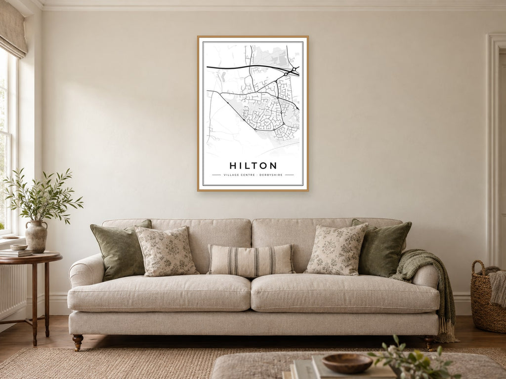 Hilton Village Centre Street Map Poster at A1, in a natural wood frame, in a sitting room