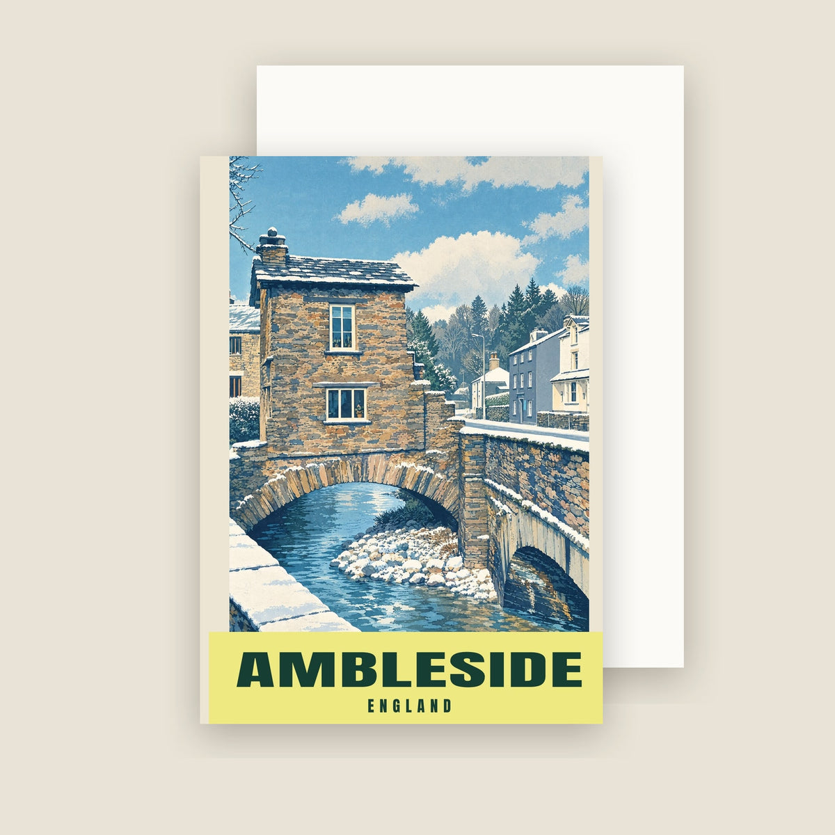 Bridge House, Ambleside winter Christmas card with its envelope