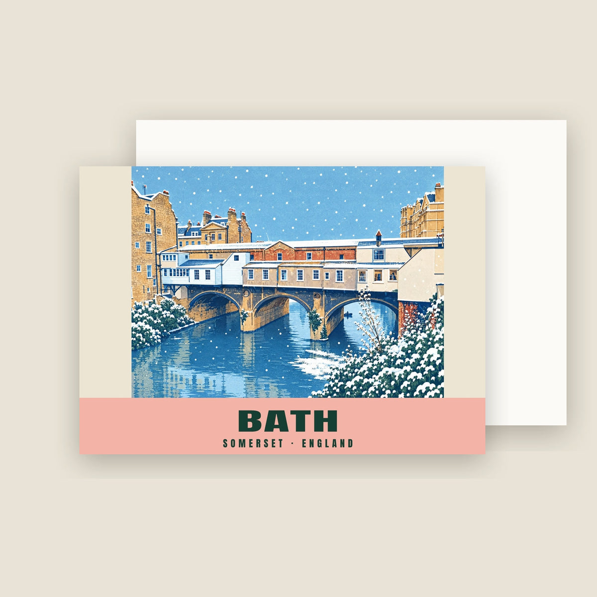 Pulteney Bridge, Bath winter Christmas card with its envelope
