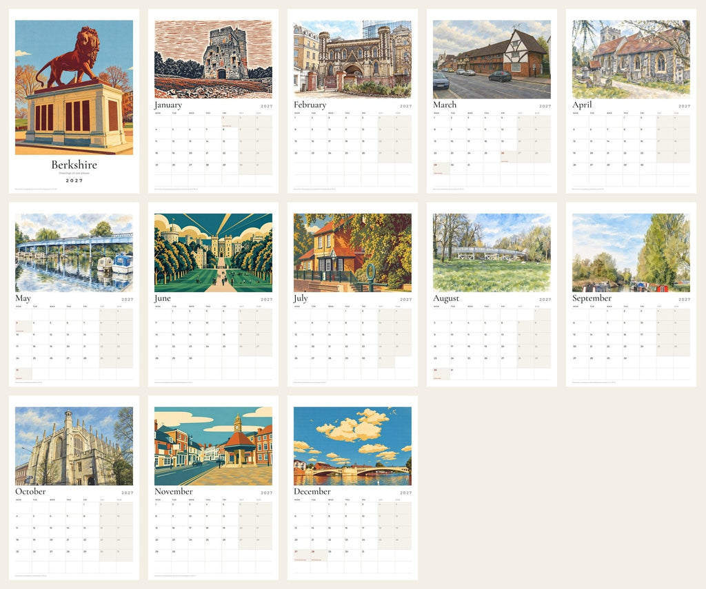 All thirteen pages of the Berkshire 2027 calendar: the cover and twelve drawings