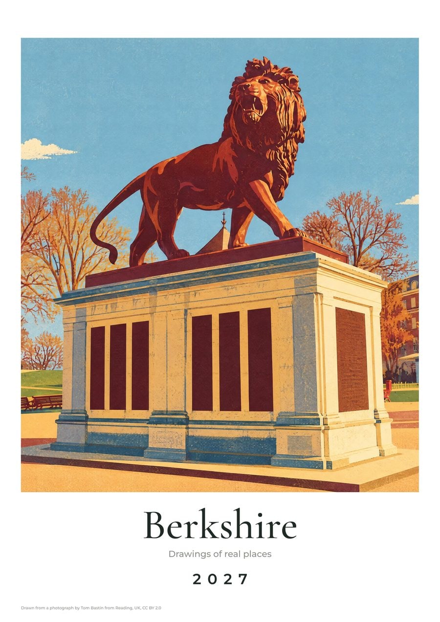 Berkshire Wall Calendar 2027: the cover, our drawing of the Maiwand Lion in Forbury Gardens, Reading