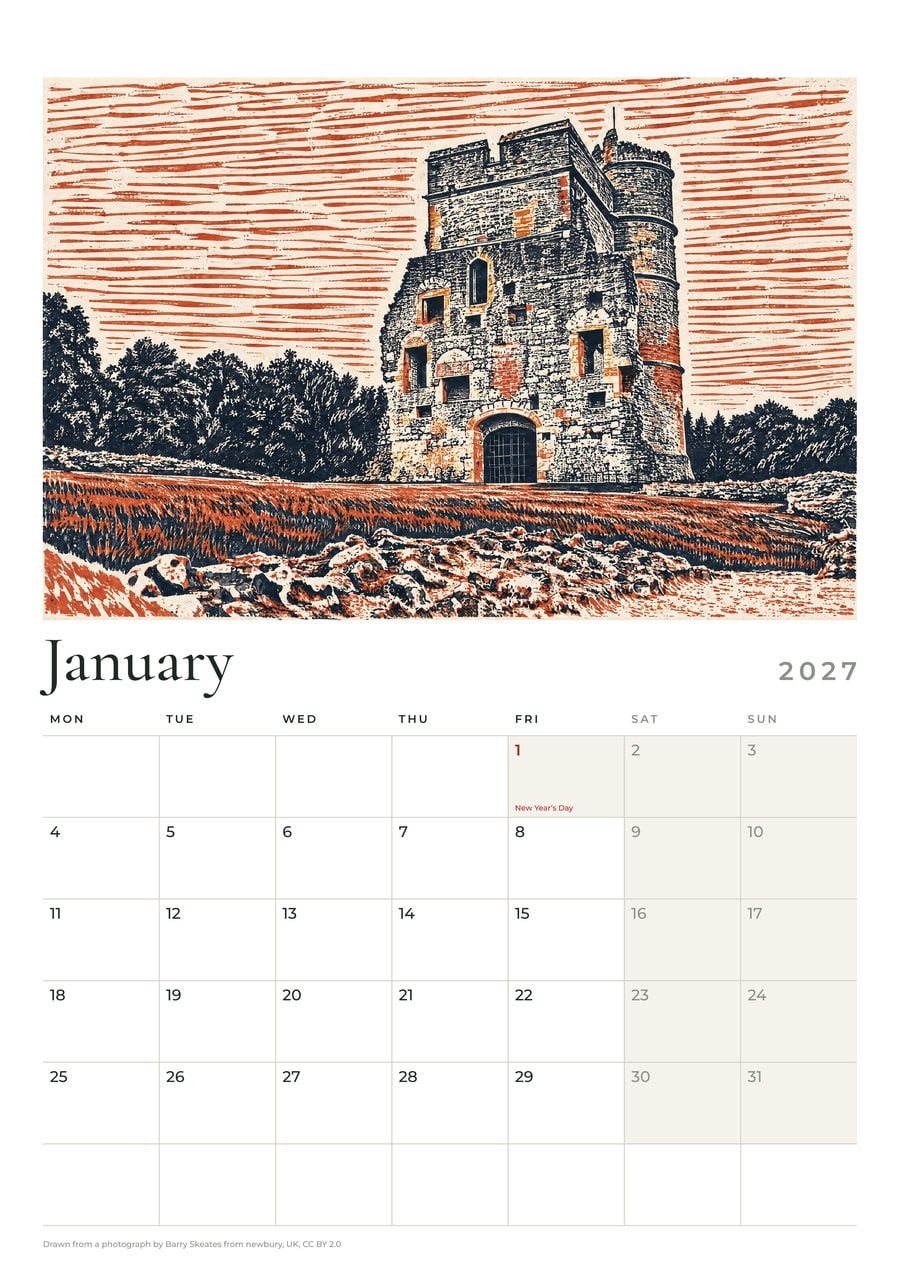 A month page from the Berkshire calendar: Donnington Castle, Newbury above January 2027