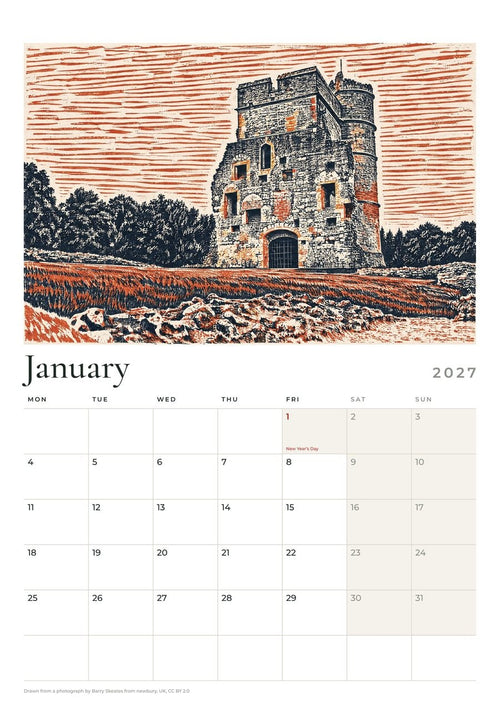 A month page from the Berkshire calendar: Donnington Castle, Newbury above January 2027