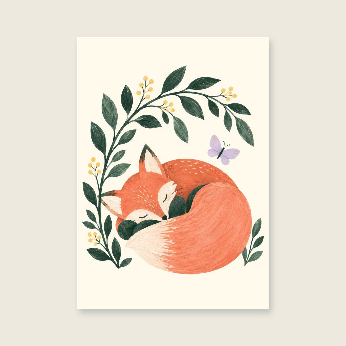 Sleepy Fox children’s illustration in green, coral, lilac and yellow