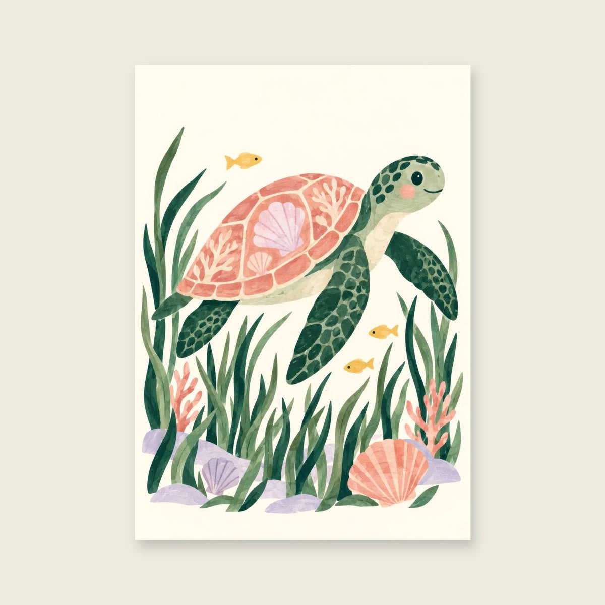 Turtle’s Little Journey children’s illustration in green, coral, lilac and yellow