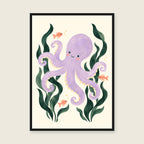 Octopus Garden children’s illustration in green, coral, lilac and yellow — styled with a black frame; choose the framed finish to include it