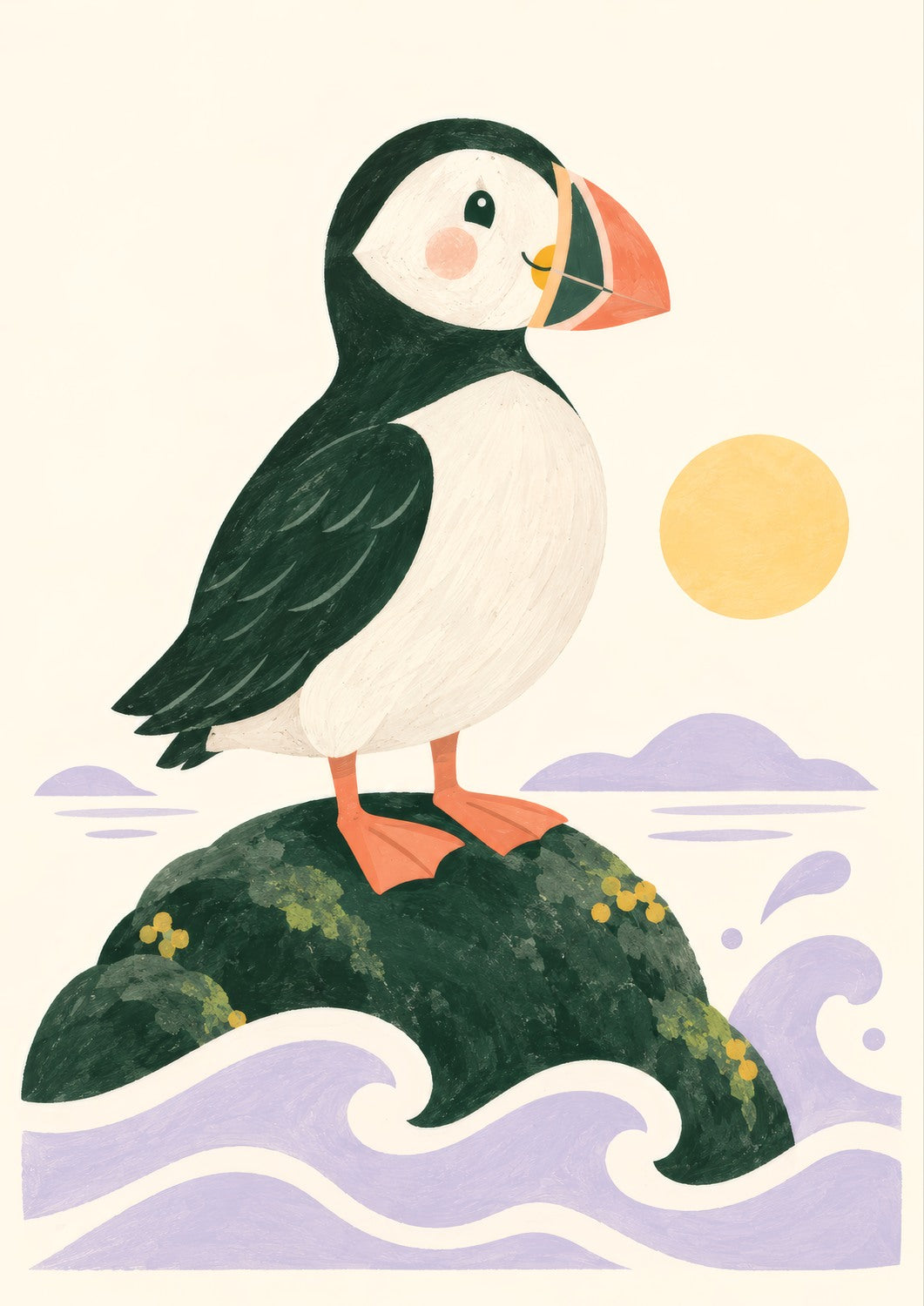 Puffin by the Sea children’s illustration in green, coral, lilac and yellow — artwork detail