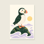 Puffin by the Sea children’s illustration in green, coral, lilac and yellow