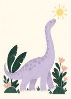 Brontosaurus & the Sun children’s illustration in green, coral, lilac and yellow — artwork detail