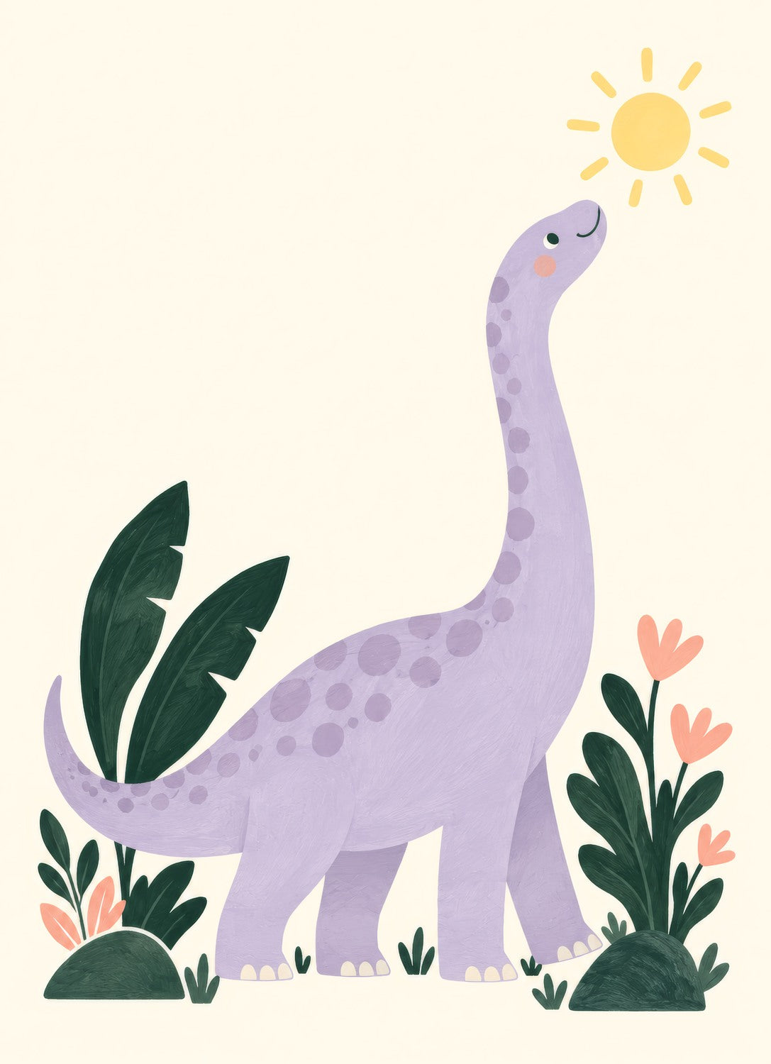 Brontosaurus & the Sun children’s illustration in green, coral, lilac and yellow — artwork detail