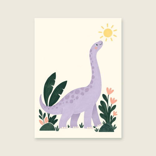 Brontosaurus & the Sun children’s illustration in green, coral, lilac and yellow