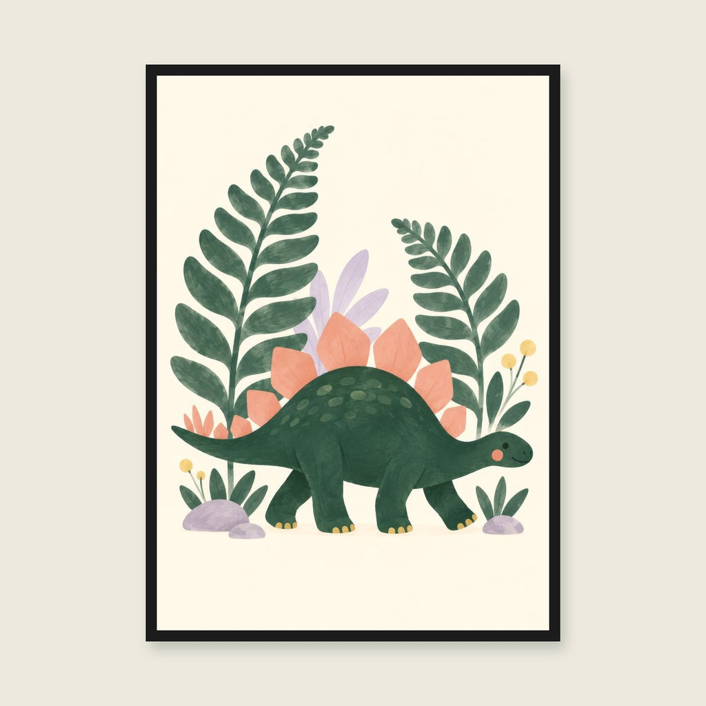 Stegosaurus Stroll children’s illustration in green, coral, lilac and yellow — styled with a black frame; choose the framed finish to include it