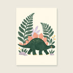 Stegosaurus Stroll children’s illustration in green, coral, lilac and yellow