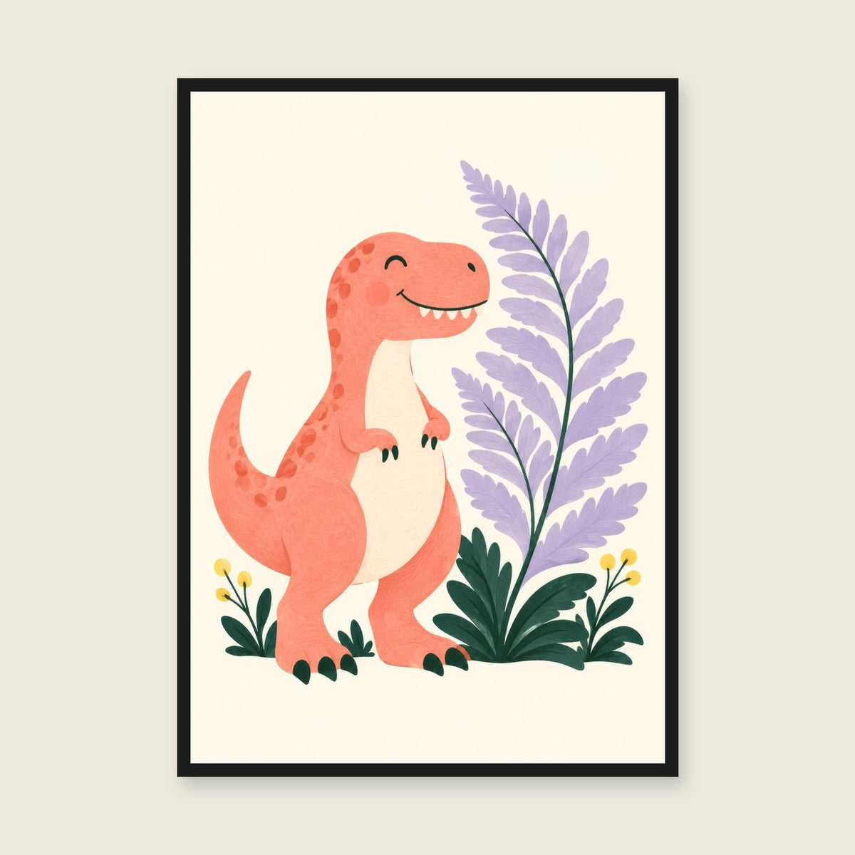 Little T. Rex children’s illustration in green, coral, lilac and yellow — styled with a black frame; choose the framed finish to include it