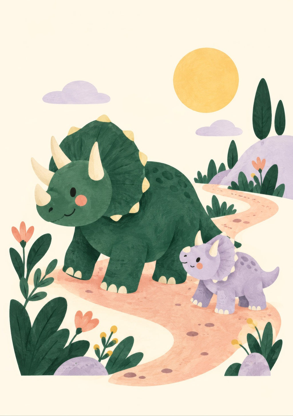 Triceratops Trail children’s illustration in green, coral, lilac and yellow — artwork detail