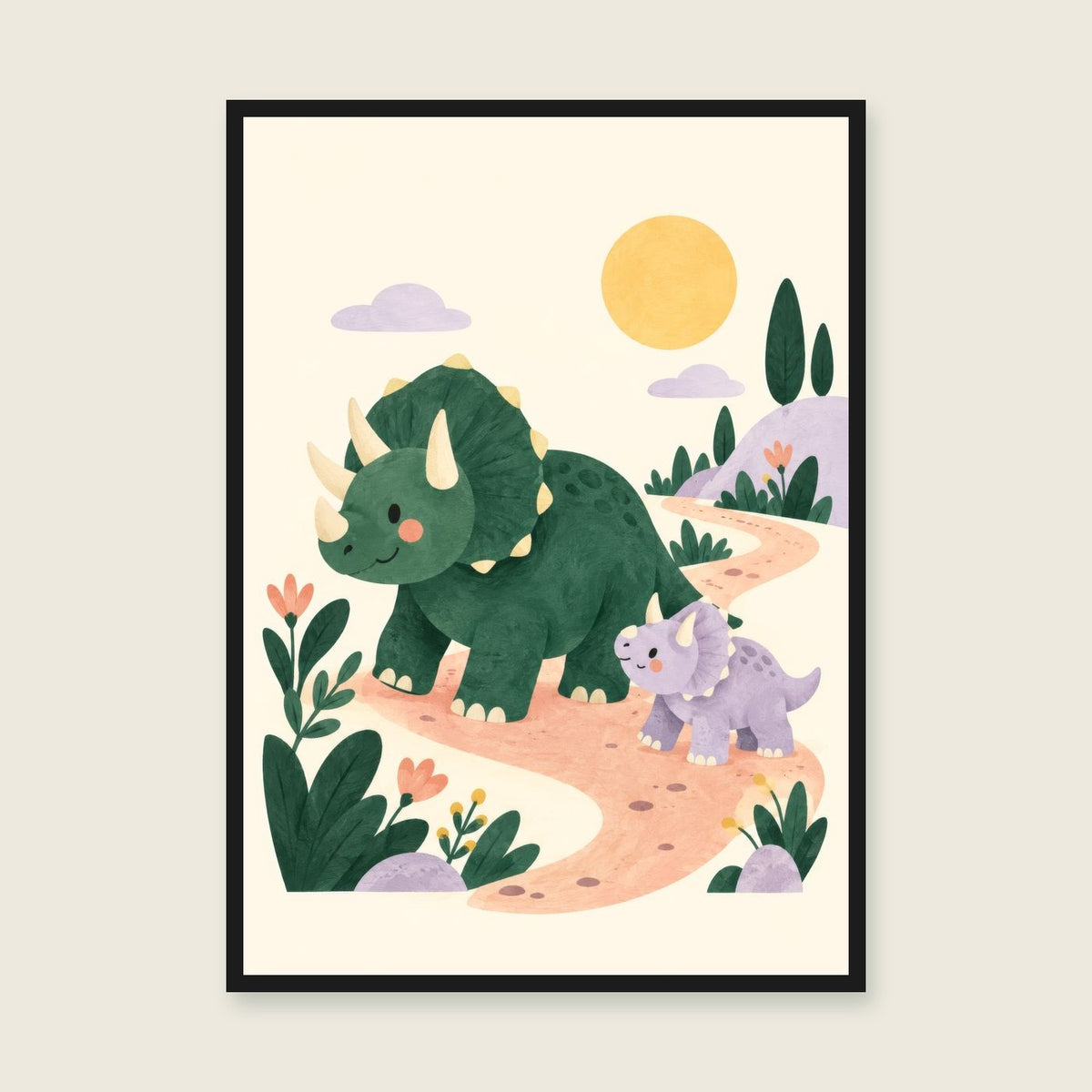 Triceratops Trail children’s illustration in green, coral, lilac and yellow — styled with a black frame; choose the framed finish to include it