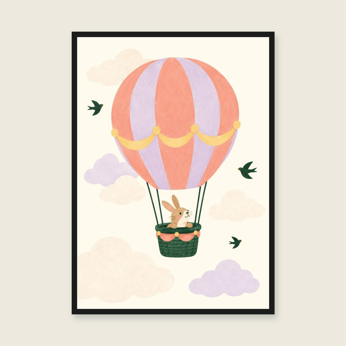 Up, Up & Away children’s illustration in green, coral, lilac and yellow — styled with a black frame; choose the framed finish to include it