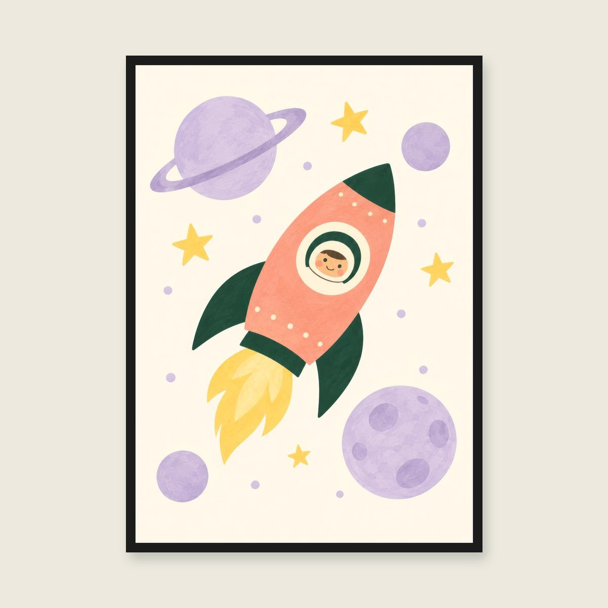 Little Rocket children’s illustration in green, coral, lilac and yellow — styled with a black frame; choose the framed finish to include it