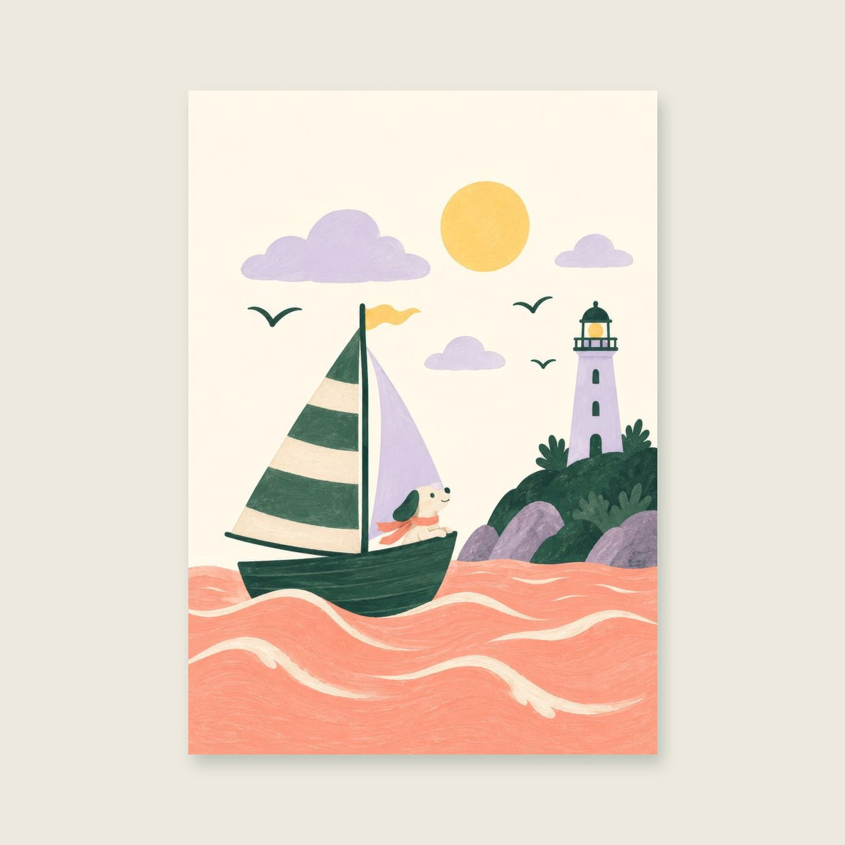 Seaside Explorer children’s illustration in green, coral, lilac and yellow