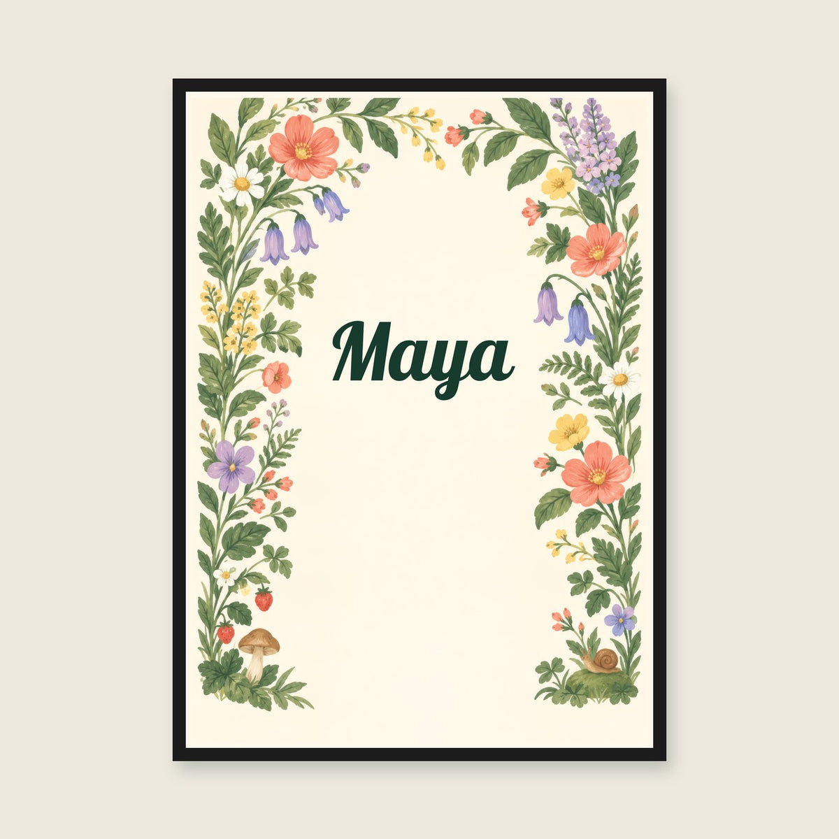 My Name in Bloom personalised print — sample wording; enter your own details — black-frame example