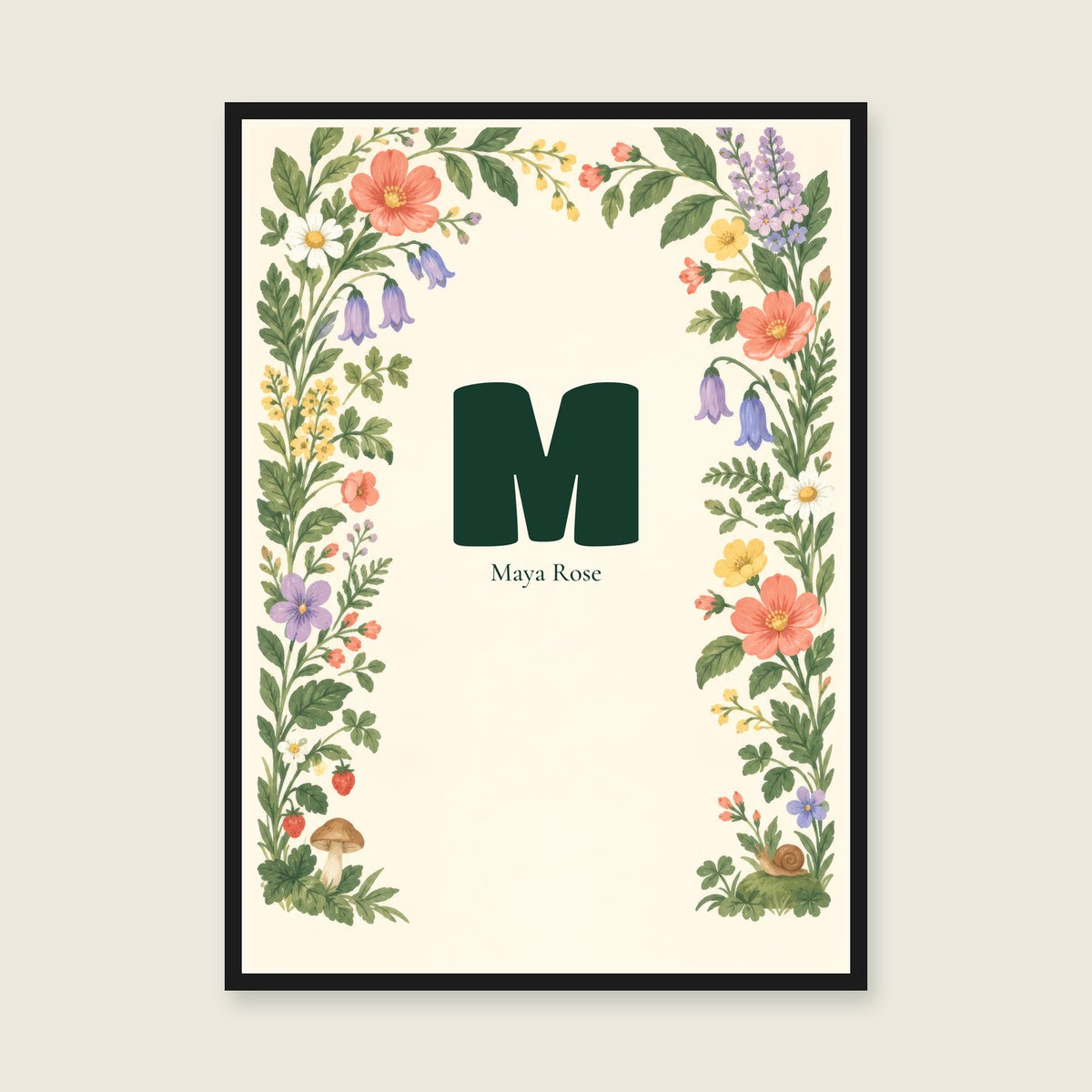 My First Initial personalised print — sample wording; enter your own details — black-frame example