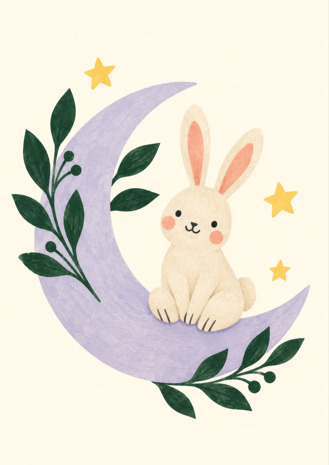 Moonlight Rabbit children’s illustration in green, coral, lilac and yellow — artwork detail