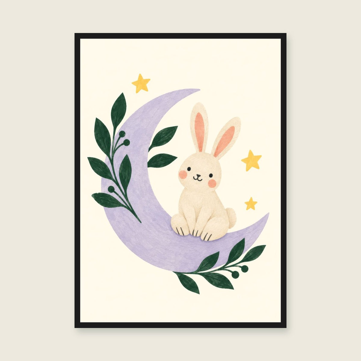 Moonlight Rabbit children’s illustration in green, coral, lilac and yellow — styled with a black frame; choose the framed finish to include it
