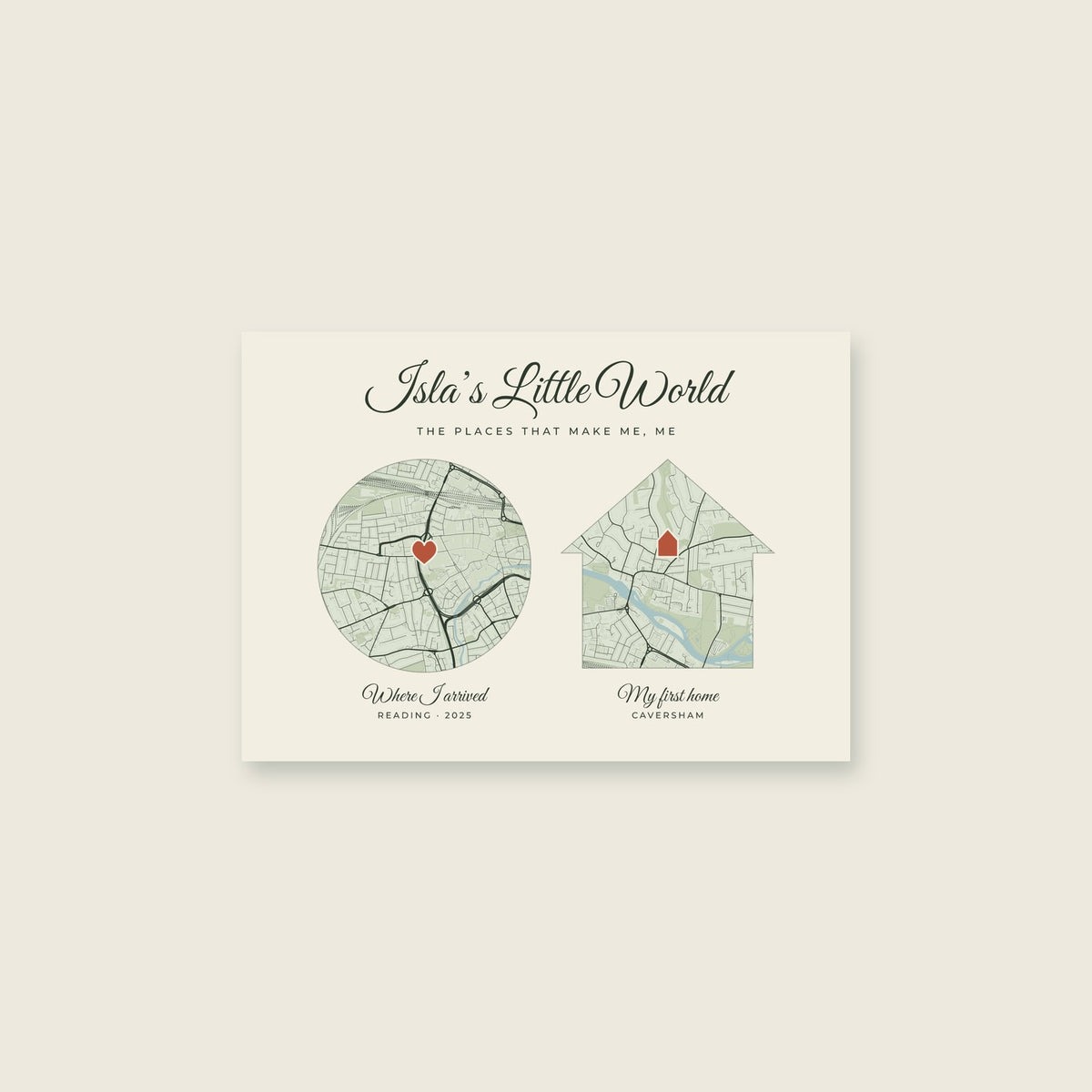 My Little World personalised map — sample places and wording, enter your own details in the maker