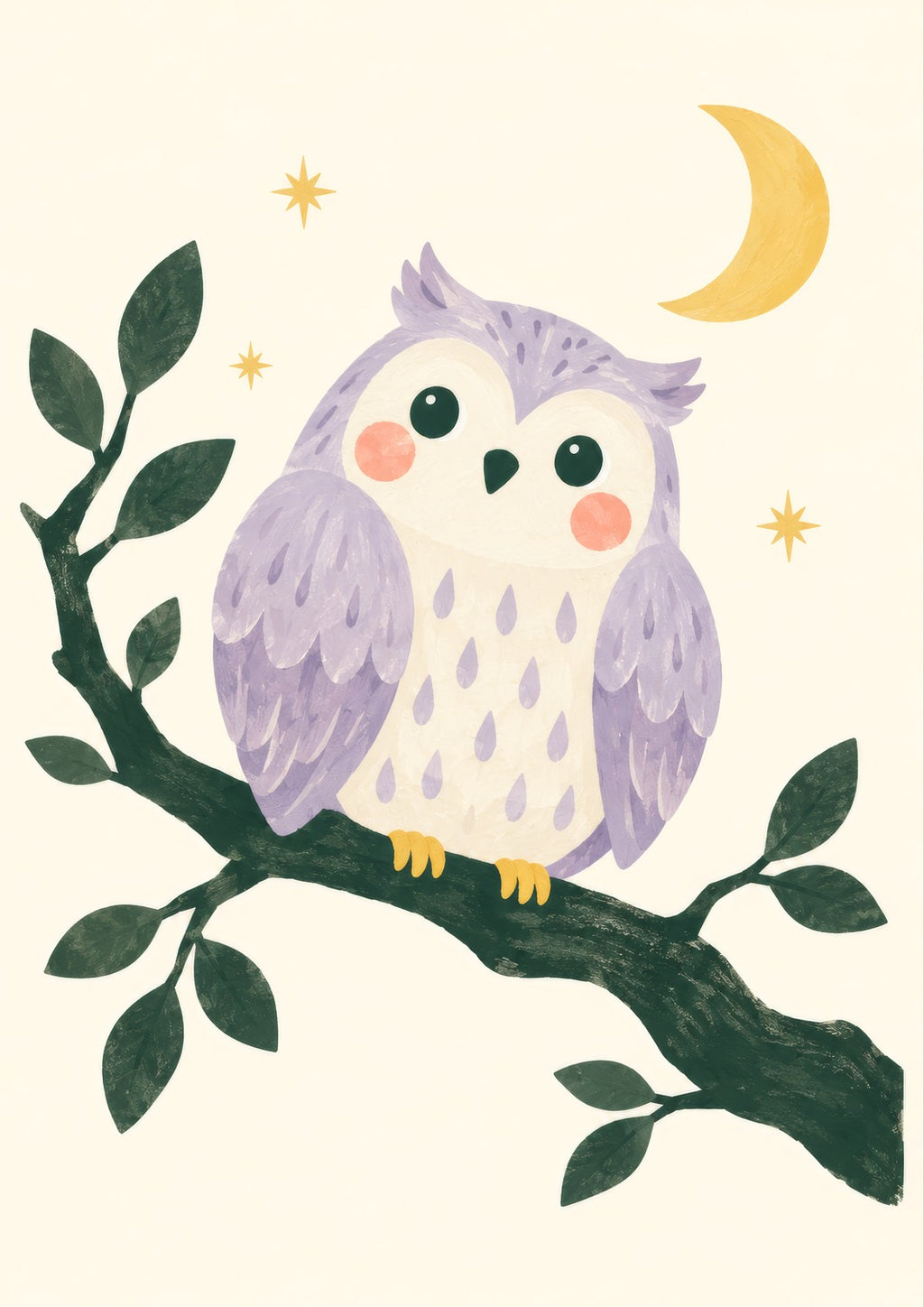 Little Night Owl children’s illustration in green, coral, lilac and yellow — artwork detail