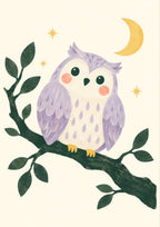 Little Night Owl children’s illustration in green, coral, lilac and yellow — artwork detail