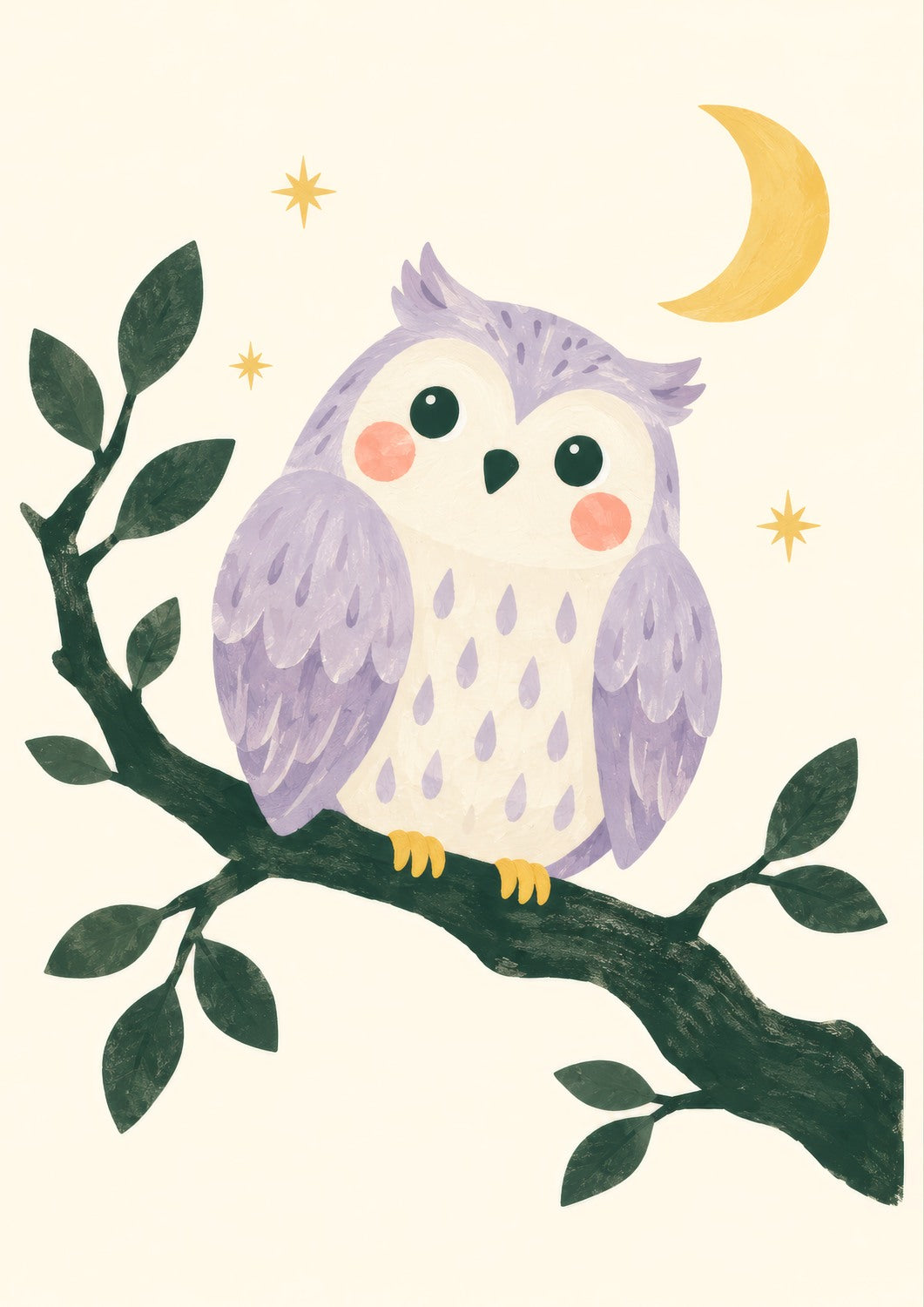 Little Night Owl children’s illustration in green, coral, lilac and yellow — artwork detail