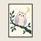 Little Night Owl children’s illustration in green, coral, lilac and yellow — styled with a black frame; choose the framed finish to include it